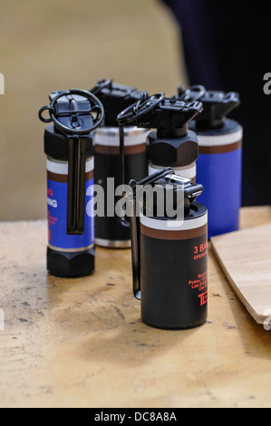 Cinque fumo e blast granate, utilizzata dalla polizia e militari di disorientate e distrarre gli obiettivi. Foto Stock