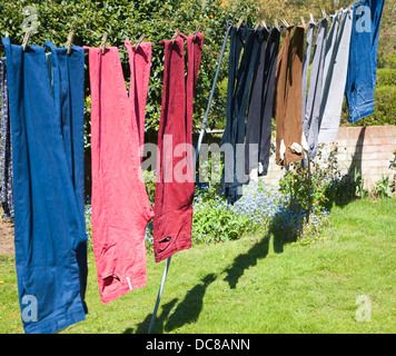 Linea di lavaggio pantaloni essiccamento in un giardino in una giornata di sole Foto Stock