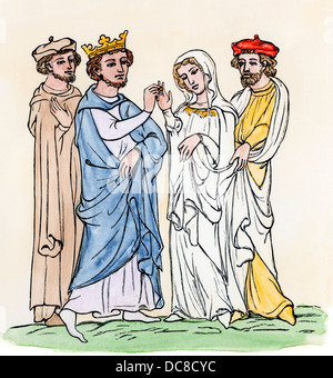 Nozze di un re e regina nel Medioevo. Colorate a mano la xilografia Foto Stock