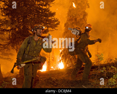 Due membri della Idaho City Hotshots lavorare sulle molle fuoco sulla Boise Foresta Nazionale di agosto 13, 2012 vicino a Boise, ID. Hotshot equipaggi sono stati ampiamente addestrati a combattere gli incendi in aree remote con poco o nessun supporto logistico nelle condizioni più impegnative. Foto Stock