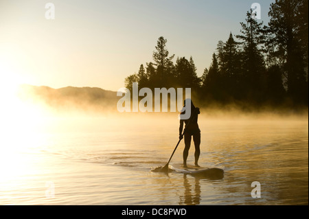 Una donna, si stagliano Stand Up Paddleboarding (SUP) all'alba nella nebbia in Lake Tahoe, CA. Foto Stock