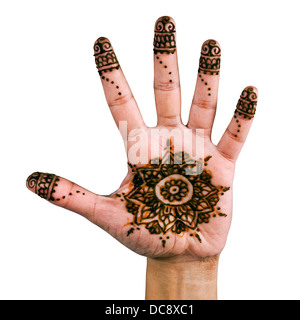 Henna design sul palmo della mano - isolato in bianco Foto Stock
