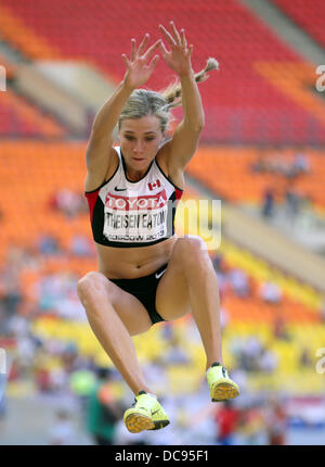 Mosca, Russia. 13 Ago, 2013. Brianne Theisen Eaton del Canada esegue durante la Eptathlon Salto in lungo al quattordicesimo IAAF ai Campionati Mondiali di atletica di Luzhniki Stadium di Mosca, Russia, 13 agosto 2013. Foto: Michael Kappeler/dpa/Alamy Live News Foto Stock