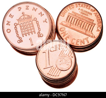 British spiccioli; American 1c pezzi; Euro 1c pezzi. Foto Stock