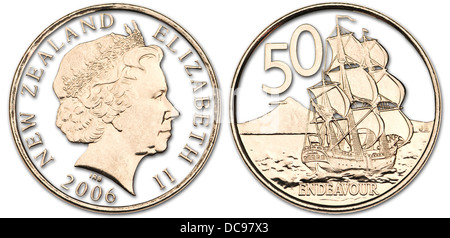 Nuova Zelanda coin: HMS Endeavour, la nave sulla quale il capitano Cook ha raggiunto la Nuova Zelanda, ottobre 1769. Dettagli tagliare, ombra Foto Stock