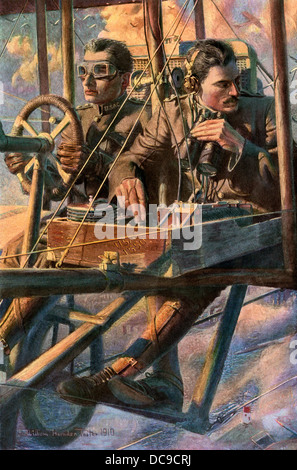 Primi aviatori su una missione di esplorazione per gli Stati Uniti Aviation Corps, 1910. Colore mezzetinte riproduzione di un W.H. Illustrazione di Fraser Foto Stock
