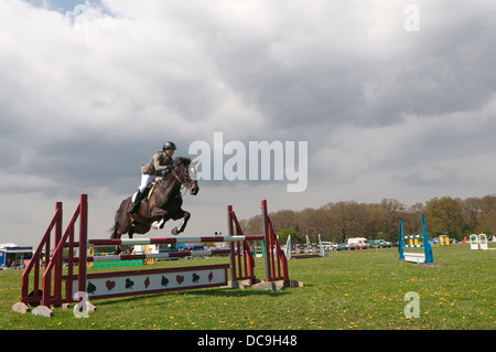 Pilota femmina saltando la barriera in corrispondenza del Suffolk Horse Show Jumping concorrenza. Ipswich Showgrounds, Suffolk, Regno Unito. Foto Stock