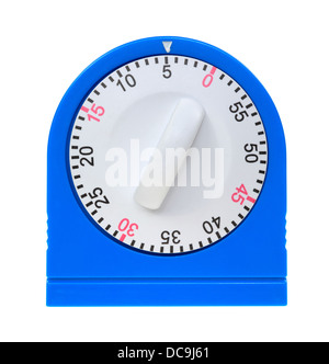 La parte anteriore di un blu timer da cucina che mostra il quadrante bianco e numeri su uno sfondo bianco. Foto Stock