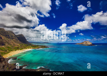 Vista Isola dei Conigli e di Makapu'u Beach Park Makapu dall'u punto sull'isola hawaiana di Oahu Foto Stock