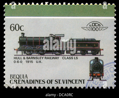 Timbro stampato in Grenadine di San Vincenzo mostra lo scafo e Barnsley classe ferroviaria LS 0-6-0, 1915 U.K. Foto Stock