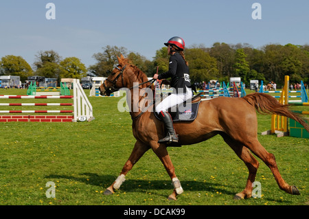 Giovani femmine rider durante il salto della concorrenza a Suffolk Horse Show. Ipswich Showgrounds, Suffolk, Regno Unito. Foto Stock