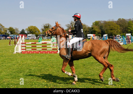 Giovani femmine rider durante il salto della concorrenza a Suffolk Horse Show. Ipswich Showgrounds, Suffolk, Regno Unito. Foto Stock