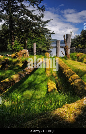 SGang Gwaay Isola Gwaii Haanas National Park rimane 6-beam Chief's longhouse Haida Gwaii Queen Charlotte Islands BC Canada Foto Stock