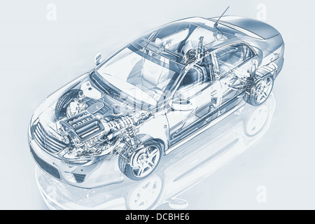 Generico auto berlina dettagliata rappresentazione asportata, con effetto fantasma, nel disegno a matita stile, su sfondo neutro. Foto Stock