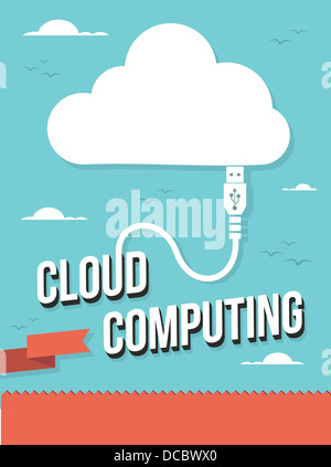 Icona USB filo cloud computing illustrazione di testo. Illustrazione Vettoriale stratificata per una facile manipolazione e colorazione personalizzata. Foto Stock