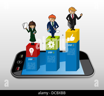 Smart Business applicazione telefono infographics cartoon illustrazione. File vettoriale stratificata per facile personalizzazione. Foto Stock