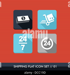 Colorate piatte spedizione icon set, consegna pagamento acquisto web app. File vettoriale stratificata per operazioni di editing semplici. Foto Stock