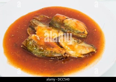 Conserve di pesce in salsa di pomodoro sul piatto Foto Stock