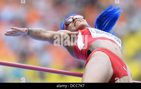 Mosca, Russia. Il 15 agosto, 2013. Inika McPherson di noi compete in qualifica a XIV IAAF ai Campionati Mondiali di atletica di Luzhniki Stadium di Mosca, Russia, 15 agosto 2013. Foto: Bernd Thissen/dpa/Alamy Live News Foto Stock