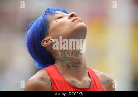 Mosca, Russia. Il 15 agosto, 2013. Inika McPherson di noi compete in qualifica a XIV IAAF ai Campionati Mondiali di atletica di Luzhniki Stadium di Mosca, Russia, 15 agosto 2013. Foto: Bernd Thissen/dpa/Alamy Live News Foto Stock