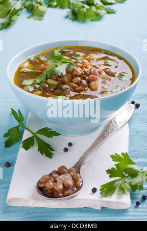 Luce blu ciotola con zuppa di lenticchie guarnite con prezzemolo fresco Foto Stock