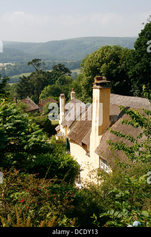 Camini e tetti di paglia Selworthy Somerset England Regno Unito Foto Stock