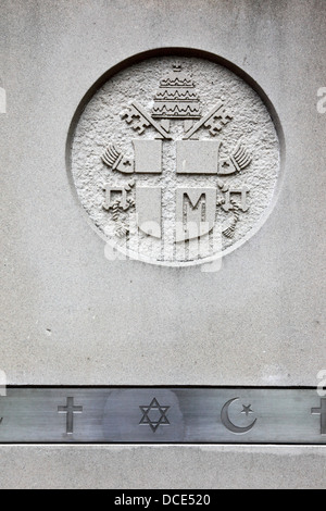 Simboli delle principali religioni abramitiche (Cristianesimo e Giudaismo e Islam) e Maryland stemma, Baltimore, Maryland, Stati Uniti d'America Foto Stock