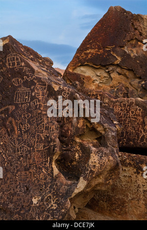 Nativi americani a petroglifi Newspaper Rock, altopiani vulcanici, vicino al Vescovo, California Foto Stock