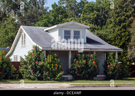 Colore blu pallido, 2-story clapboard bungalow con finestre dormer, rivestimento bianco e portico veranda e hibiscus cespugli. Foto Stock