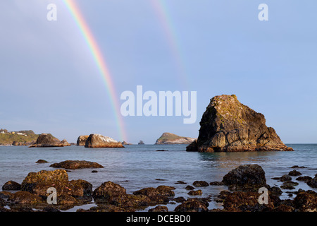 Un arcobaleno doppio lungo la costa dell'Oregon vicino Brookings, Oregon. Foto Stock