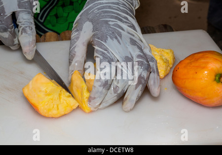 Lavoratore agricolo interessato per affettare frutta di acagiù, in preparazione per l'asciugatura. Il Gambia. Foto Stock