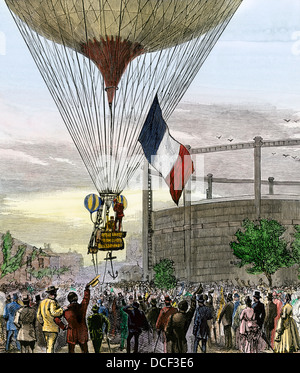 Salita a palloncino di Jovis e un mazzuolo da La Villette officine del gas, Parigi, 1880. Colorate a mano la xilografia Foto Stock