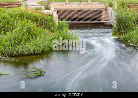 Elaborati e pulite acque luride che fluisce fuori dall'acqua impianto di bonifica di un fiume Foto Stock