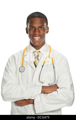 Ritratto di giovane africano medico americano sorridente isolate su sfondo bianco Foto Stock