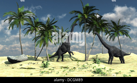 Due dinosauri Brachiosaurus pascolare sugli alberi. Foto Stock