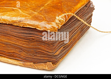 Un vecchio libro antico manoscritto la bibbia incunable incunabulum blocco di stampa stampa copertina stampata in pelle pelle di capra hyde Nascondi Foto Stock