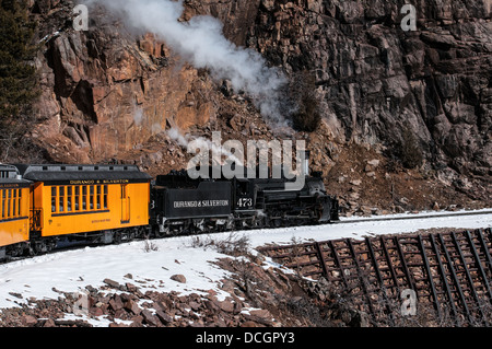 Motore a vapore e boxcars da Durango e Silverton Narrow Gauge Railroad. Foto Stock