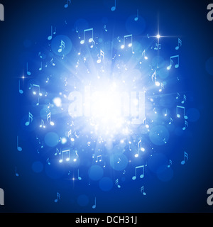Note musicali esplosione al buio con luci e sfondo bokeh di fondo Foto Stock
