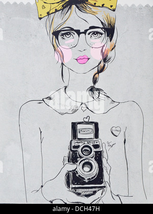 Disegno di una ragazza con una doppia fotocamera reflex Foto Stock