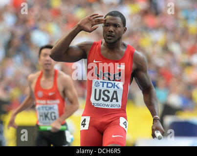 Mosca, Russia. 18 Agosto, 2013. Justin Gatlin di USA reagisce dopo gli uomini 4x100m relè Round 1 al quattordicesimo IAAF ai Campionati Mondiali di atletica di Luzhniki Stadium di Mosca, Russia, 18 agosto 2013. Foto: Bernd Thissen/dpa/Alamy Live News Foto Stock