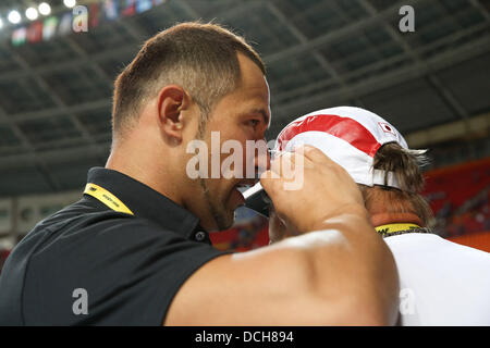 Koji Murofushi del Giappone è mostrato dopo il XIV IAAF mondiale di atletica al Luzhniki stadium di Mosca. (Foto di Takashi Okui/AFLO) Foto Stock