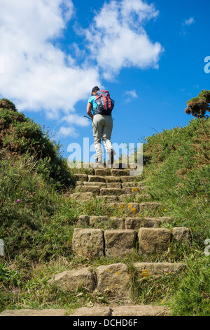 Escursionista femmina sul modo di Cleveland National Trail tra Scarborough e Robin Hood's Bay a nord della Costa dello Yorkshire, Inghilterra. Foto Stock