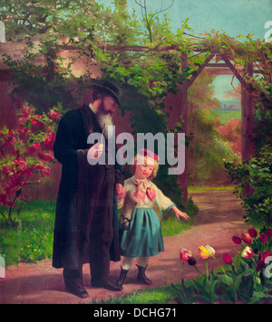 Passeggiata mattutina - un uomo barbuto e piccola ragazza guardando i fiori lungo il percorso. 1874 Foto Stock