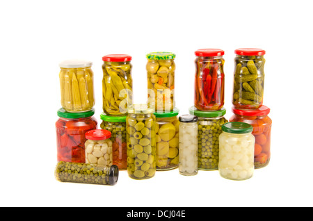 Collezione vasi di vari vegetali e frutta vasetti isolato su bianco Foto Stock