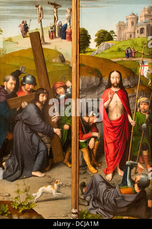 Xvi secolo - il Cristo che porta la croce e con la Crocifissione e La Resurrezione, con i pellegrini di Emmaus - Gerard David Foto Stock