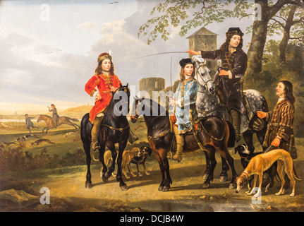 Xvii secolo - Ritratto equestre di Cornelis e Michiel Pompe van Meerdervoort con il loro tutor e cocchiere Olio su tela Foto Stock