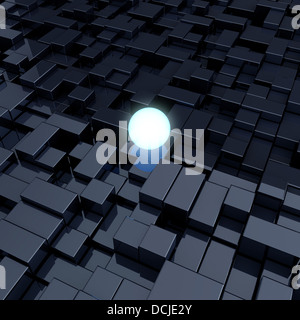 3D render di sfera incandescente tra i cubi scuro Foto Stock