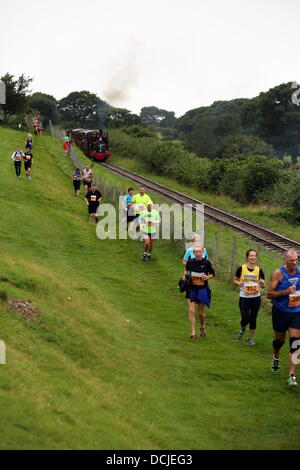 Tywyn, Wales, Regno Unito, Sabato, 17 agosto 2013 nella foto: atleti racing contro un treno a vapore vicino Tywyn, Galles. Re: gara il treno è un annuale cross country in esecuzione evento che avviene in Tywyn, metà del Galles. La gara è organizzata da Tywyn Rotary Club, e attrae corridori provenienti da tutto il mondo. Nel main event, corridori competere per battere un treno a vapore su conserve Talyllyn Railway su una distanza di 14 miglia (23 km). La manifestazione è stata l'idea di dentista locale, Godfrey Worsey, e fu eseguita per la prima volta nel 1984 con circa 48 guide. © D Legakis/Alamy Live News Foto Stock