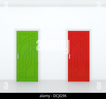 3D render di colore rosso e verde porta nella parete bianca - Contrasto. Foto Stock