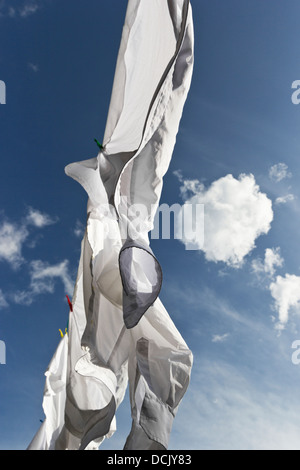 Camice bianco appeso sulla linea di lavaggio contro un cielo blu con nuvole soffici Foto Stock